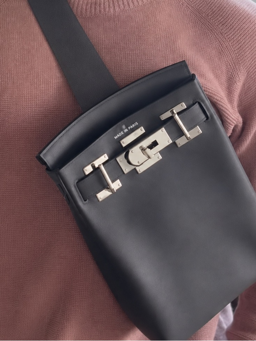 Black Leather Men's HAC Crossbody Bag with Silver Hardware - Picture 11 of 16